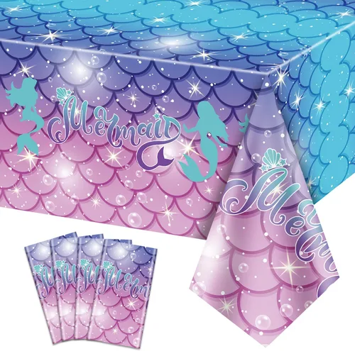 4 manteles rectangulares de sirena, manteles desechables para fiestas bajo el mar, baby shower, decoración de cumpleaños de sirena, 51 x 86 pulgadas