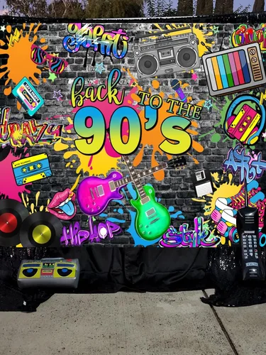 Miniatura 4 de Telón de fondo de los años 90 de 7 x 5 pies para decoraciones de fiesta, pared de ladrillo de graffiti de hip hop, fondo de fotografía de regreso a