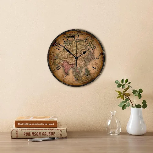Miniatura 4 de Reloj de pared de madera de 15 pulgadas, ligero, ligero, estilo vintage, mapa del viejo mundo, reloj de madera redondo, estilo antiguo