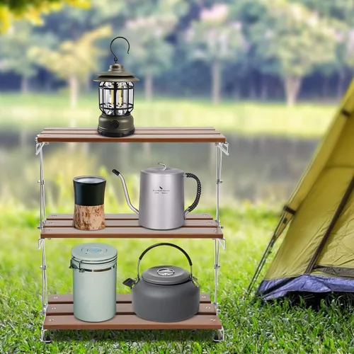 Miniatura 4 de Soporte de parrilla de 3 niveles para exteriores, mesa de picnic de madera portátil, mesa de trabajo exterior ligera, parrilla de patio trasero