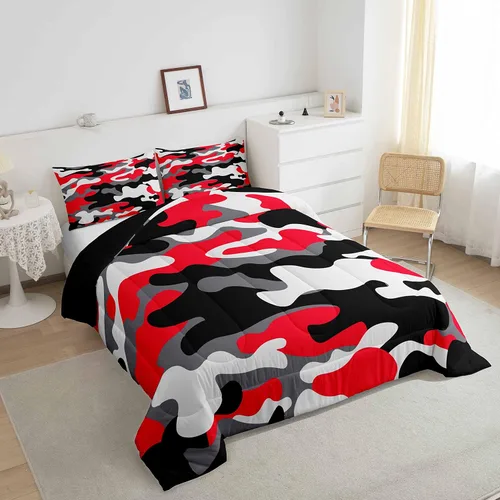 Erosebridal Juego de ropa de cama de camuflaje, juego de edredón de camuflaje rojo y negro para niños y niñas, juego de edredón de estilo militar