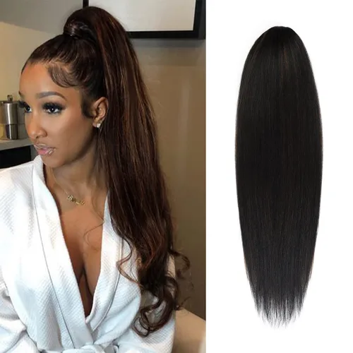 GLAM21USA Extensión de cola de caballo recta de 28 pulgadas de largo con cordón para mujeres negras, extensión de cabello natural con clip, pieza de