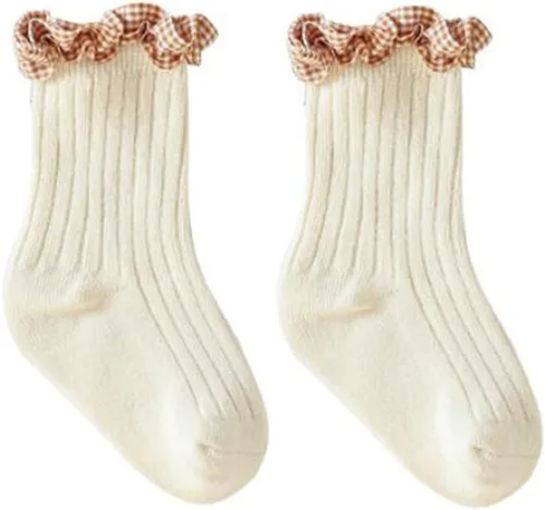 Miniatura 5 de TIBE PINCESS Calcetines de tobillo vintage con volantes para bebés y niñas, calcetines de encaje acanalados a cuadros para vestir