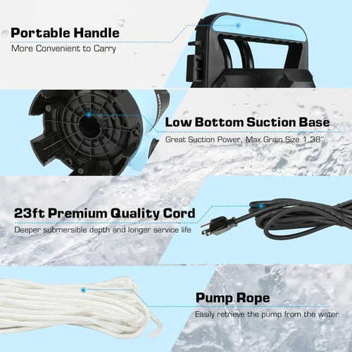Miniatura 6 de KITLUCK Bomba de agua sumergible, bomba de sumidero de alto flujo de 1-1/4 HP 4500 GPH con interruptor de flotador, cable de alimentación de 23