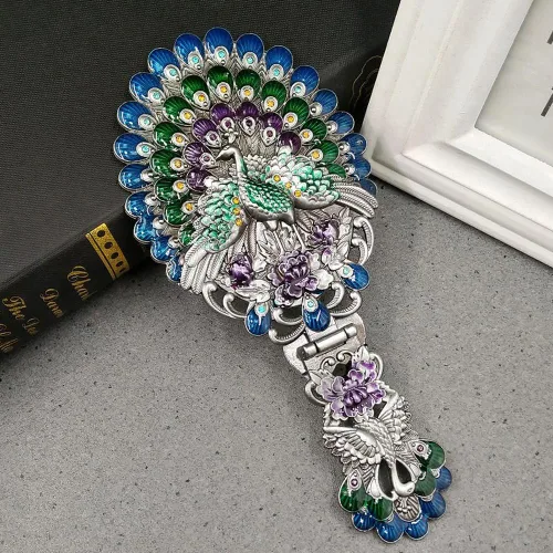 Miniatura 5 de Rayberro Espejo de mano vintage con juego de peine, espejo de mano vintage de pavo real en relieve metálico, espejo de maquillaje para la cara