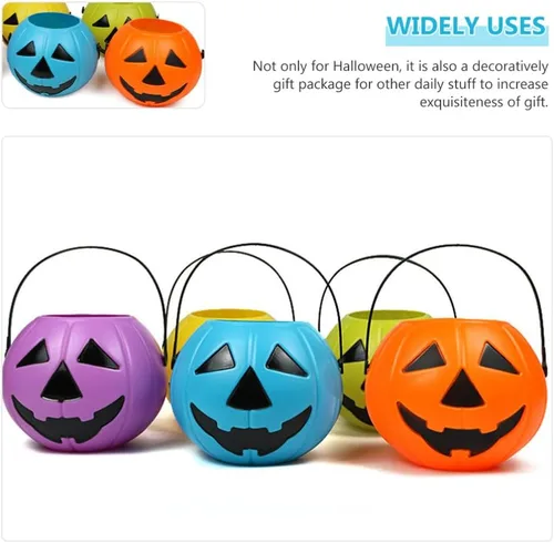 Miniatura 5 de Cubo de calabaza de Halloween con asa, soporte pequeño de plástico para dulces de calabaza para decoración y embalaje de fiesta de truco o trato