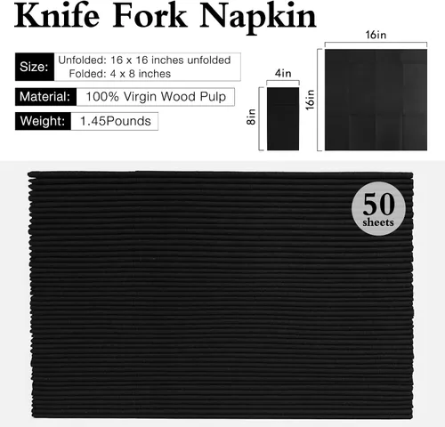 Miniatura 3 de Servilletas negras desechables con sensación de lino con bolsillo integrado para cubiertos, preplegadas para cuchillos y tenedores, servilletas
