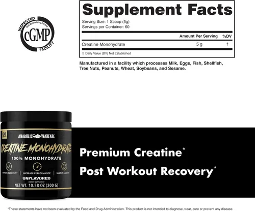 Miniatura 5 de Anabolic Warfare Monohidrato de creatina, recuperación después del entrenamiento, aumenta el rendimiento, mantiene la carga, creatina premium*