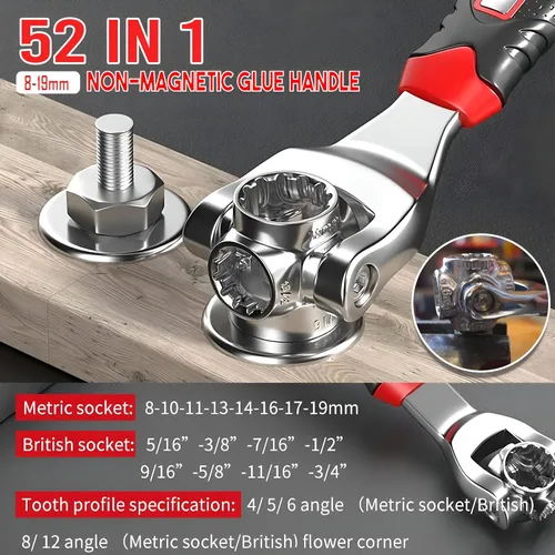Miniatura 5 de Juego de llaves de tubo y destornilladores 52 en 1, llave giratoria multifuncional de acero inoxidable con flexibilidad de 360° llave de hueso
