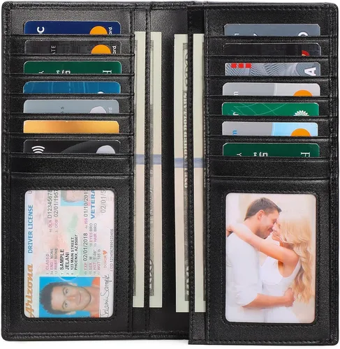 Miniatura 2 de FALAN MULE Cartera de cuero genuino con bloqueo RFID delgada con tarjetero largo plegable para tarjetas de crédito para hombres, Negro -, Moda