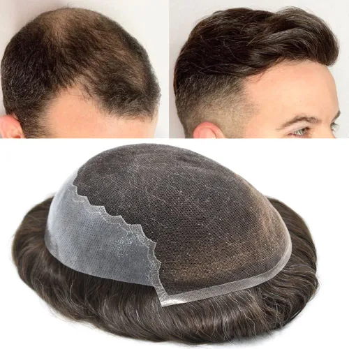 Miniatura 61 de Toupee para hombres pieza de pelo suave suizo encaje real sistema de cabello humano reemplazo blanqueado nudo mens tupé sistema de pelo para hombres
