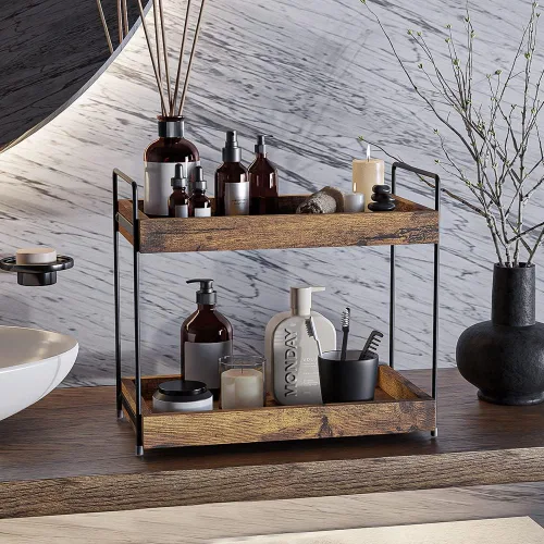 Miniatura 2 de Organizador de encimera de baño de 2 niveles, estante de especias de madera para encimera de cocina, organizador de maquillaje cosmético de tocador