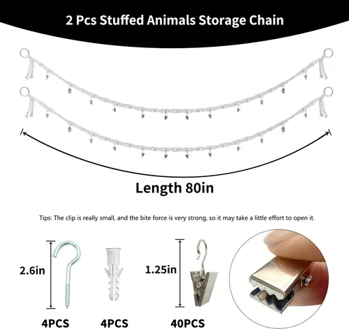 Miniatura 3 de 2 cadenas de almacenamiento colgantes de algodón de 80 pulgadas para animales de peluche, cada cadena de exhibición bohemia viene con 20 clips