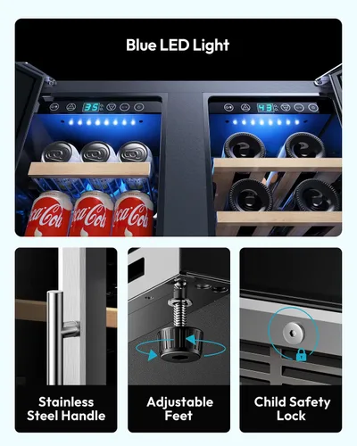 Miniatura 9 de EUHOMY Refrigerador de vino y bebidas, enfriador de vino de doble zona de 24 pulgadas con puerta de vidrio que contiene 21 botellas y 88 latas