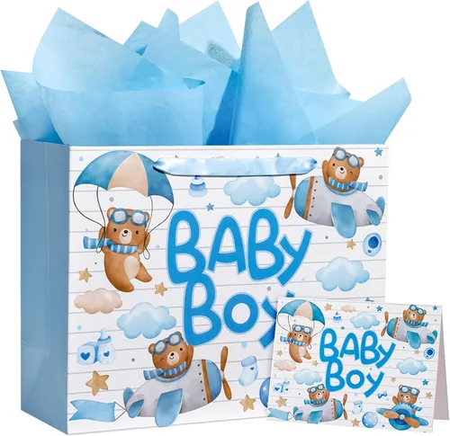 Miniatura 20 de WRAPAHOLIC Bolsa de regalo extra grande de 16" para bebé niña con tarjeta y papel de seda - Para baby shower, bebé recién nacido Jirafa bebé niña