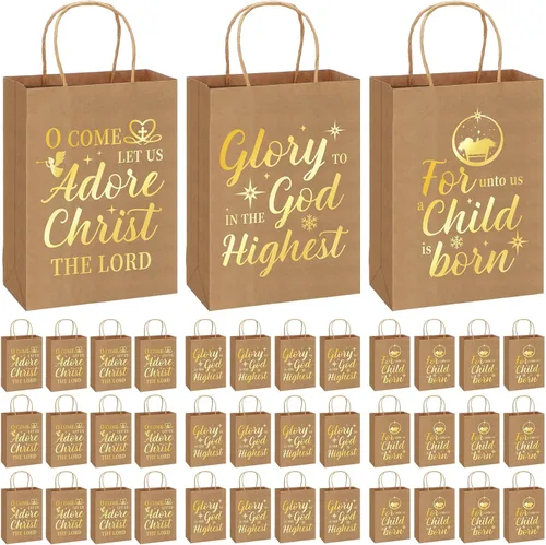 Yeaqee 36 bolsas de papel kraft de Navidad, bolsas de regalo metálicas doradas religiosas con asas para envolver, 6 1/2 x 3 1/4 x 9 pulgadas
