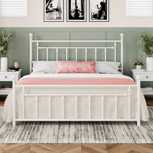 Miniatura 14 de Allewie Armazón de Cama de Plataforma de Metal de 14 Pulgadas Tamaño Queen con Cabecera y Pie de Cama Vintage Victoriano/Base de Blanco