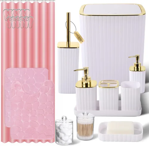 Miniatura 13 de XLHOMO Bathroom Set- 25PC Beige Bathroom Set, Bathroom Set with Shower Curtain and Rugs, Beige Shower Curtain Set, Toilet Brush, Bathroom Trash Can