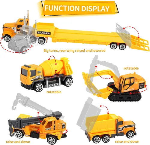 Miniatura 5 de Oriate 28 piezas de juguetes de construcción para niños, 12 piezas de juguetes de vehículos de construcción en miniatura con remolque de transporte