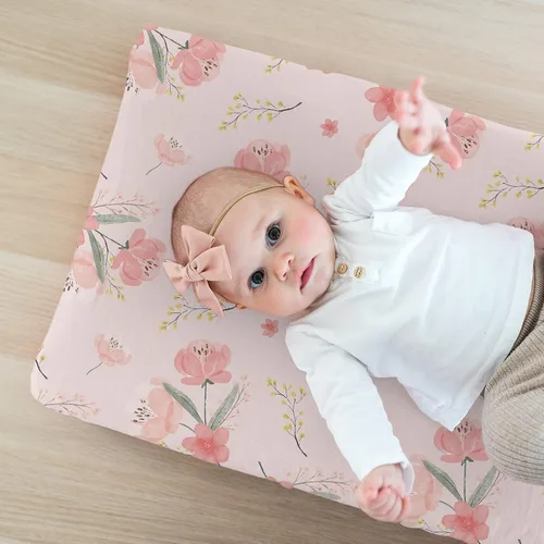 Miniatura 5 de BROLEX - Fundas elásticas para cambiador, funda para cambiador para bebés, niños y niñas, paquete de 2 unidades, tejido de jersey, flor rosa