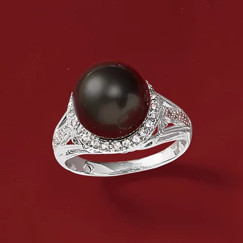 Miniatura 7 de Ross-Simons 11-12mm Black Cultured Tahitian Pearl Ring With .20 ct. t.w. White Topaz in Sterling Silver