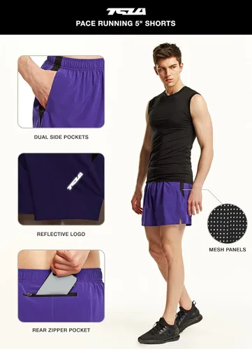 Miniatura 3 de TSLA - Pantalones cortos para correr para hombres, pantalones cortos deportivos para entrenamiento y ejercicio, de secado rápido, pantalones cortos