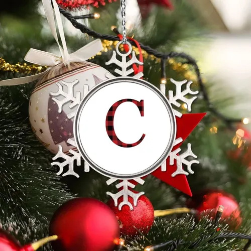 Miniatura 3 de Monograma inicial letra A copo de nieve, adornos de letras rojas y negras a cuadros para árboles de Navidad, adornos de Navidad personalizados
