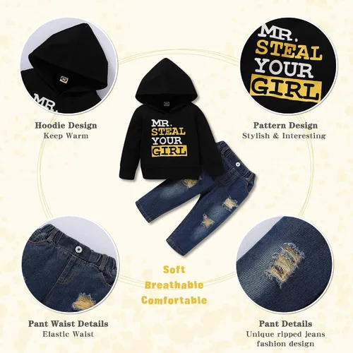 Miniatura 5 de NZRVAWS Ropa para bebé niño de 6, 12, 18, 24 meses, 2, 3, 4T, traje de niño pequeño, sudadera con capucha impresa con letras, pantalones de mezclilla