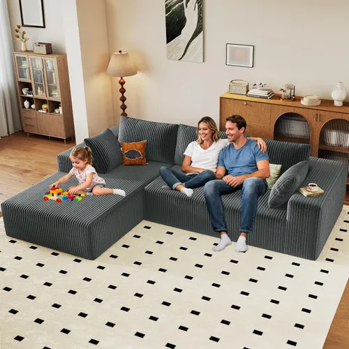 Miniatura 20 de Sofá seccional modular de 96", sofá en forma de L tipo nube sin estructura con chaise lounge, tapizado de pana con asiento profundo de espuma Negro