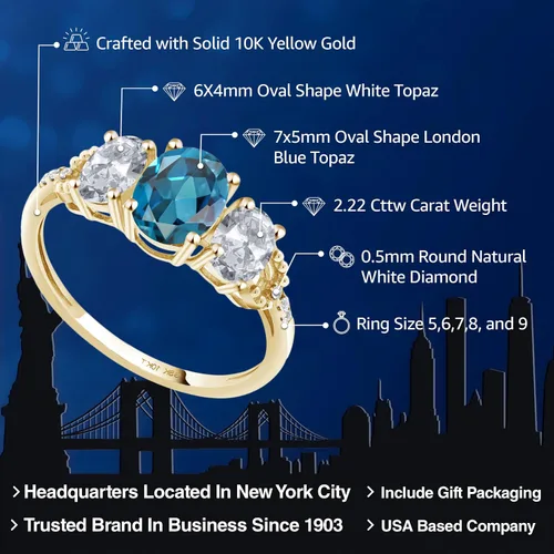 Miniatura 2 de Gem Stone King Anillo de compromiso de oro amarillo de 10 quilates con topacio blanco y diamante con topacio azul Londres para mujer 2.22 qttw