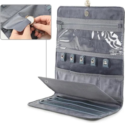 Miniatura 4 de HOMEHIVE Rollo organizador de joyas de viaje plegable, exquisito organizador de joyas portátil para collares de viaje, anillos, aretes, relojes