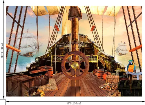 Miniatura 2 de Telón de fondo de barco pirata para fotografía, mapa del tesoro náutico, cubierta de madera vieja para niños y niños, suministros de feliz