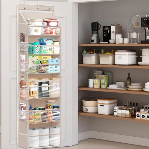 Miniatura 7 de Organizador de puerta con 6 bolsillos extra grandes, 12 bolsillos laterales, estante de almacenamiento resistente para armario, organizador de Beige
