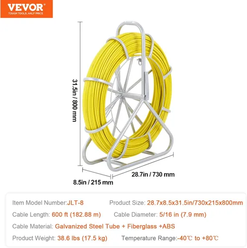 Miniatura 7 de VEVOR Cinta Pasacables de Fibra de Vidrio, 600 pies, 5/16 pulgadas, Varilla Guía Cinta Pasacables Tiracables, Varilla Pasacables con Soporte