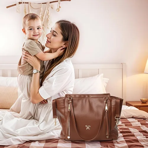 Miniatura 9 de miss fong Bolso de pañales tipo mochila de cuero, bolso grande para mamá, bolsa hospitalaria, 12 bolsillos, bolso de viaje para pañales con Marrón