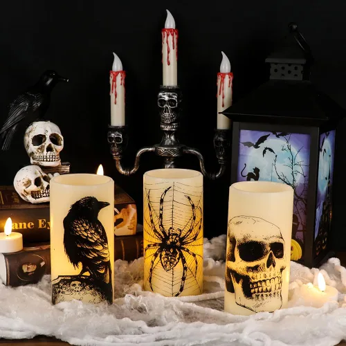 Miniatura 6 de Eldnacele Velas LED sin llama parpadeantes de Halloween, funcionan con pilas, con temporizador de 6H, calcomanías de calavera, telaraña, cuervo