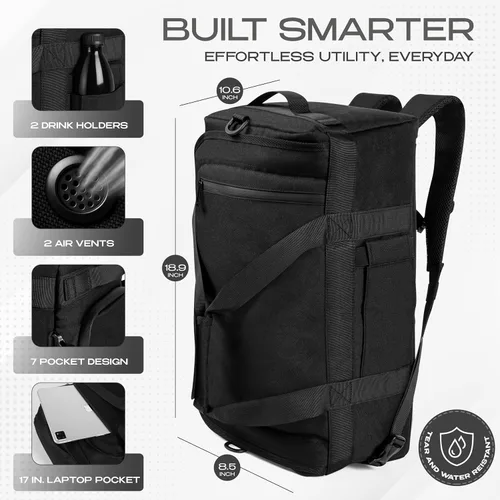 Miniatura 4 de Mochila de lona 3 en 1 con bolsillo para zapatos y portátil, portavasos, gimnasio ventilado y bolsa de viaje, Negro, Sobre el hombro/mochila/bolsa