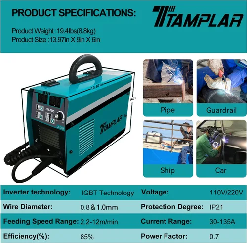 Miniatura 8 de Soldador MIG - 135AMP 110V y 220V Voltaje Dual 4 en 1 Flux MIG/alambre sólido/Stick ARC/Lift TIG Gas/soldadura sin gas, IGBT Inverter Soldadora