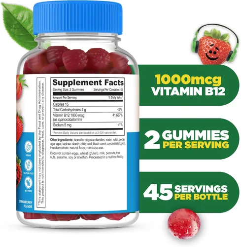 Miniatura 2 de Lifeable Gomitas de vitamina B12 sin azúcar para niños, 1000 mcg, vitaminas B12 de gran sabor para niños, apoyo de energía, estado de ánimo