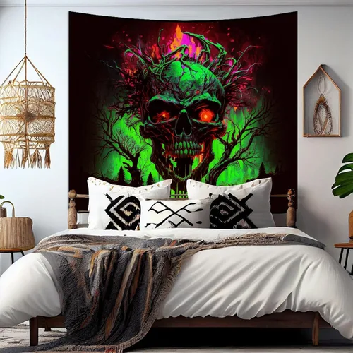Miniatura 4 de SparkLia Tapiz de calavera de fuego con luz negra, esqueleto ardiente reactivo a los rayos UV, para colgar en la pared, brilla en la oscuridad