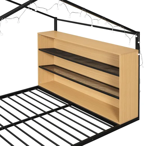 Miniatura 7 de Cama juguetona en forma de casa de tamaño matrimonial con estantes y luces, marco de cama de metal con techo para niños, adolescentes y adultos, un