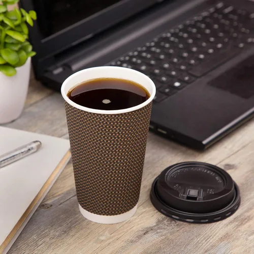 Miniatura 8 de Promora Tazas de café desechables marrones con tapas de 16 onzas, tazas de papel onduladas de papel aislado premium para café caliente