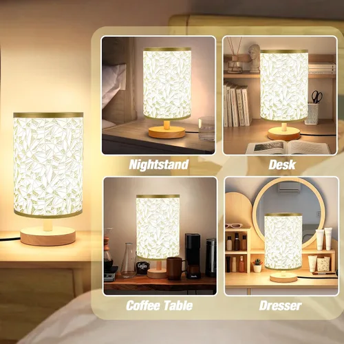 Miniatura 7 de Lámpara de escritorio con bombilla LED incluida, pequeña lámpara de mesita de noche enchufable, base de madera clásica con pantalla de tela de lino