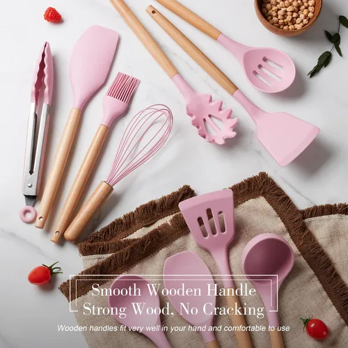 Miniatura 2 de LIANYU - Juego de utensilios de cocina de silicona, 15 piezas, resistentes al calor, con soporte, utensilios de cocina para utensilios de cocina Rosa