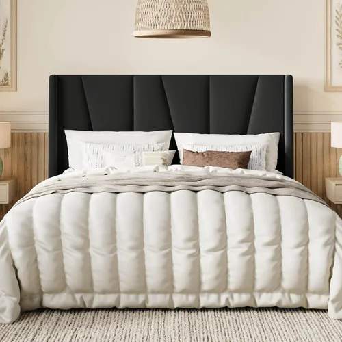 Miniatura 14 de SHA CERLIN Base de cama tamaño King con cabecera geométrica con respaldo de ala, cama de plataforma tapizada con espacio debajo de la cama de 8 Beige