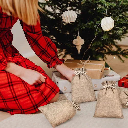 Miniatura 6 de Woanger - 100 bolsas pequeñas de arpillera con cordón, bolsas de regalo de arpillera reutilizables, bolsas de lino para envolver cumpleaños, bodas