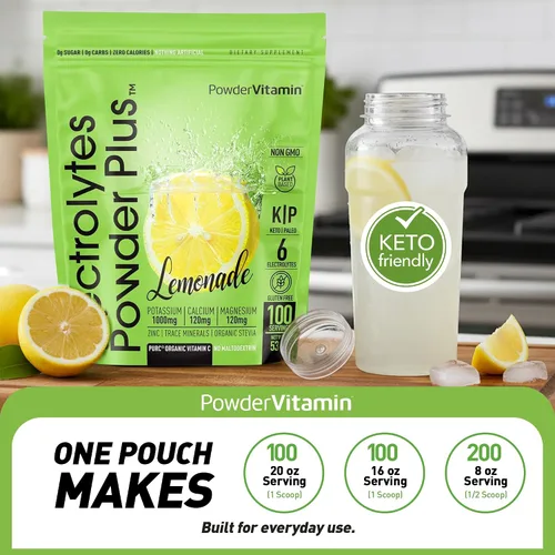 Miniatura 5 de PowderVitamin - Polvo de electrolitos Keto Plus, limonada (100 porciones) 0 azúcar, sin maltodextrina, 1000 mg de potasio, 120 mg de calcio, 120 mg