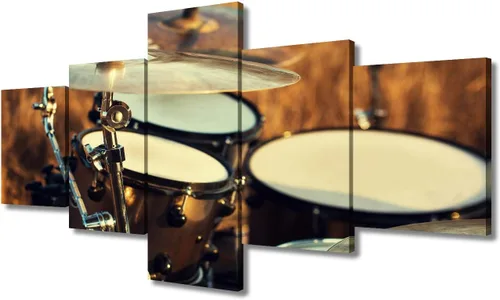 Miniatura 37 de Arte de pared en blanco y negro, kit de batería de jazz morado sobre fondo negro, pinturas de 5 paneles, lienzo, arte de pared para decoración