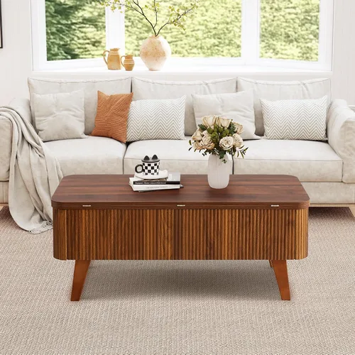 Miniatura 8 de Mesa de centro elevable 3 en 1, mesas de centro convertibles acanaladas que se convierten en mesas de comedor, moderna mesa central de madera Nuez 3