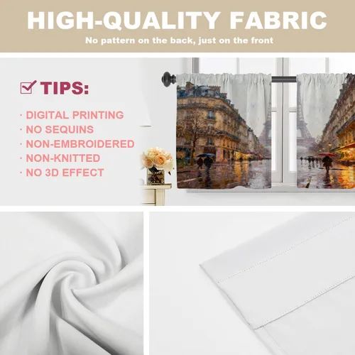 Miniatura 4 de Cortinas opacas de cocina con pintura al óleo de Europa rosa y negra para ventanas, cenefas opacas modernas de torre Eiffel de poliéster multicapa